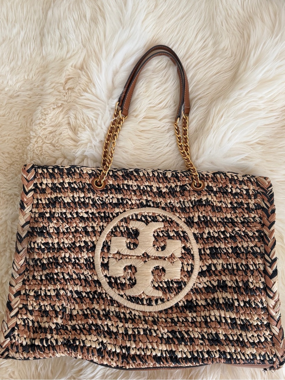 Tory Burch Multi-Tone Raffia Ella Tote with Logo - Picture 6 of 7